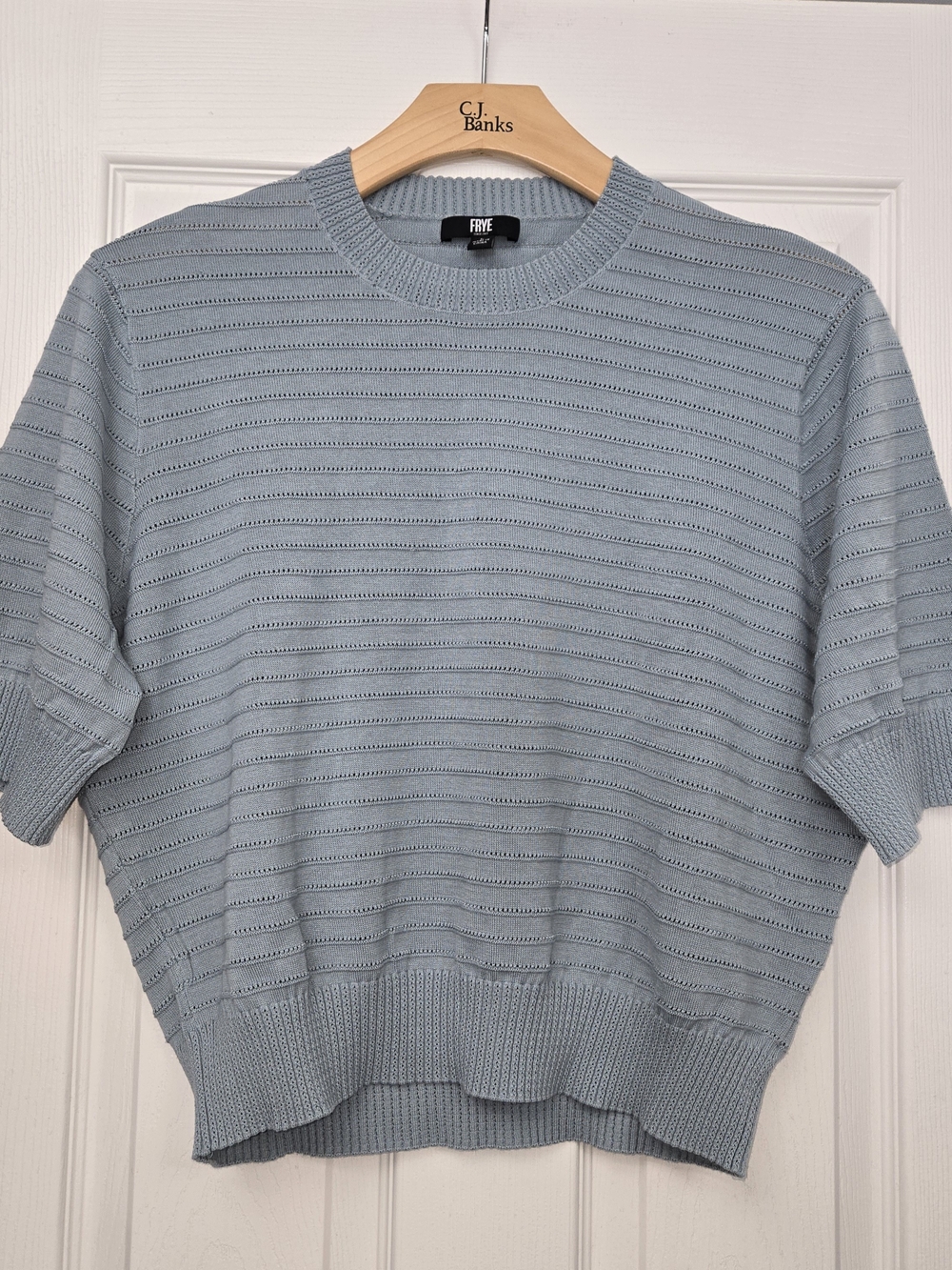 FRYE Women Large Pointelle Knit Short Sleeve Sweater Arona Blue 100% Cotton NWOT